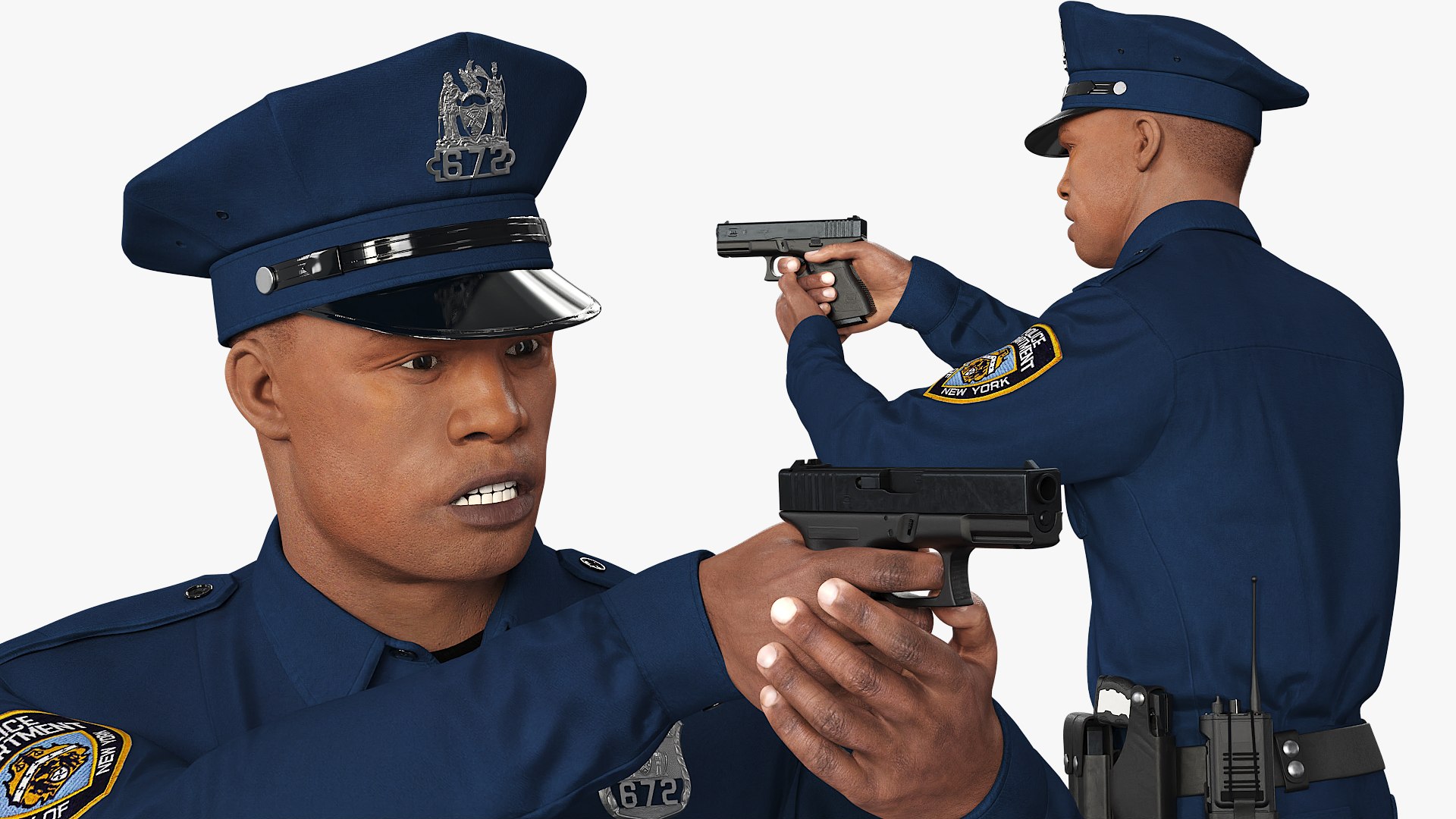 NYPD Police Officer Aiming Handgun Dark-Skinned Fur 3D model preview