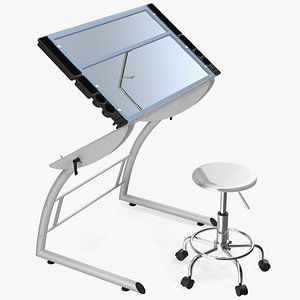 Triflex Adjustable Glass Drawing Table with Stool White Rigged