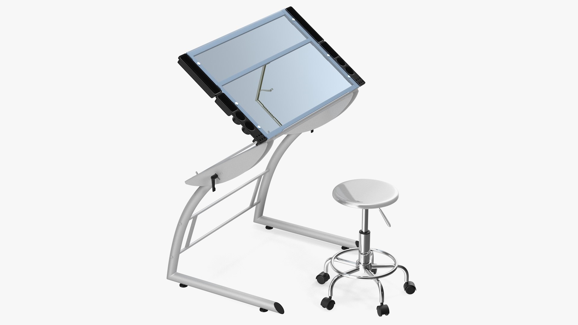 Triflex Adjustable Glass Drawing Table with Stool White Rigged 3D model preview
