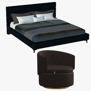 Realistic Bed With Leather Sofa model