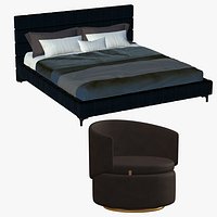 Realistic Bed With Leather Sofa