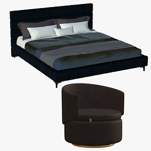 Realistic Bed With Leather Sofa