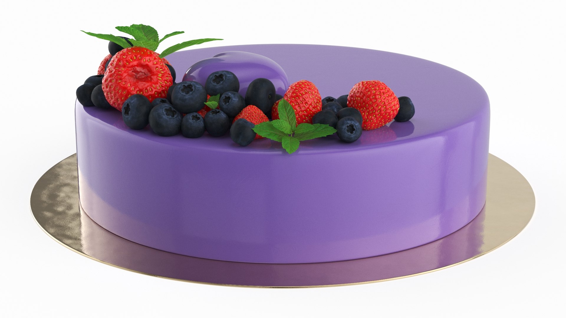 Glazed Round Cake with Mint and Berries 3D model preview