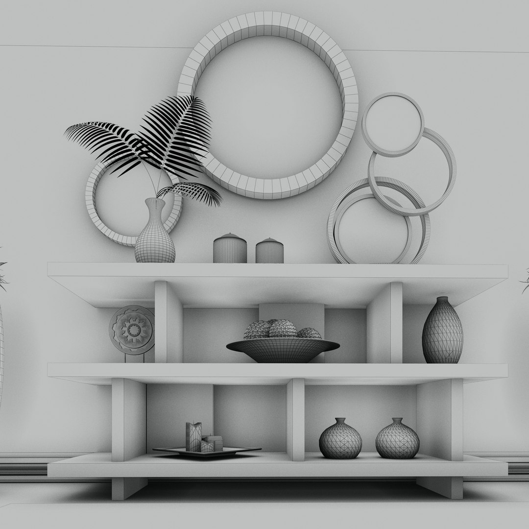 3D model Living Room Wood Mirror Table Plants Set TurboSquid 1790175