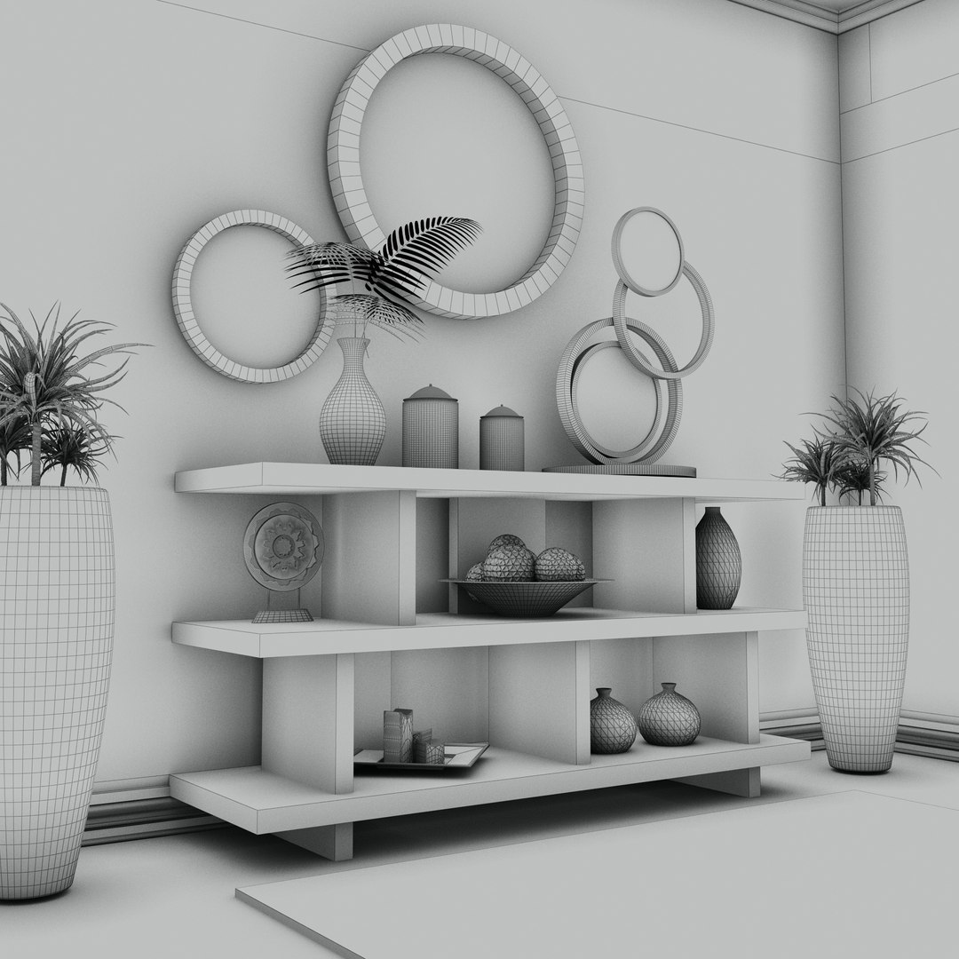 3D model Living Room Wood Mirror Table Plants Set TurboSquid 1790175