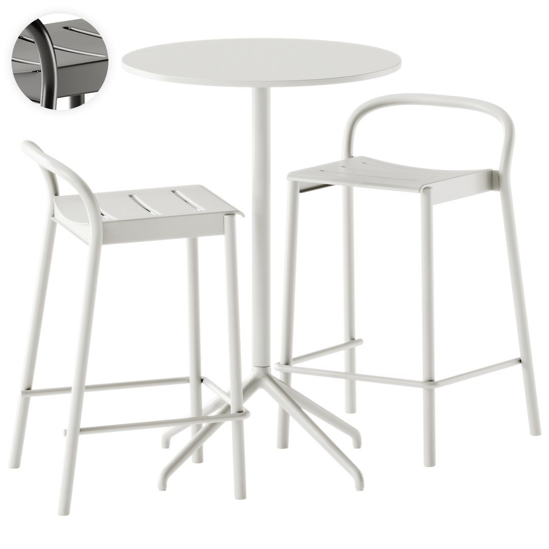 3D Muuto Cafe Bar Table Round and Linear Steel Bar and Counter Stool ...