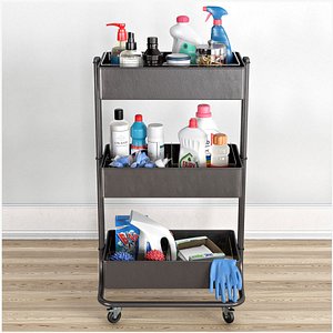 Multipurpose Janitorial Cart with Cleaning Supplies 3D
