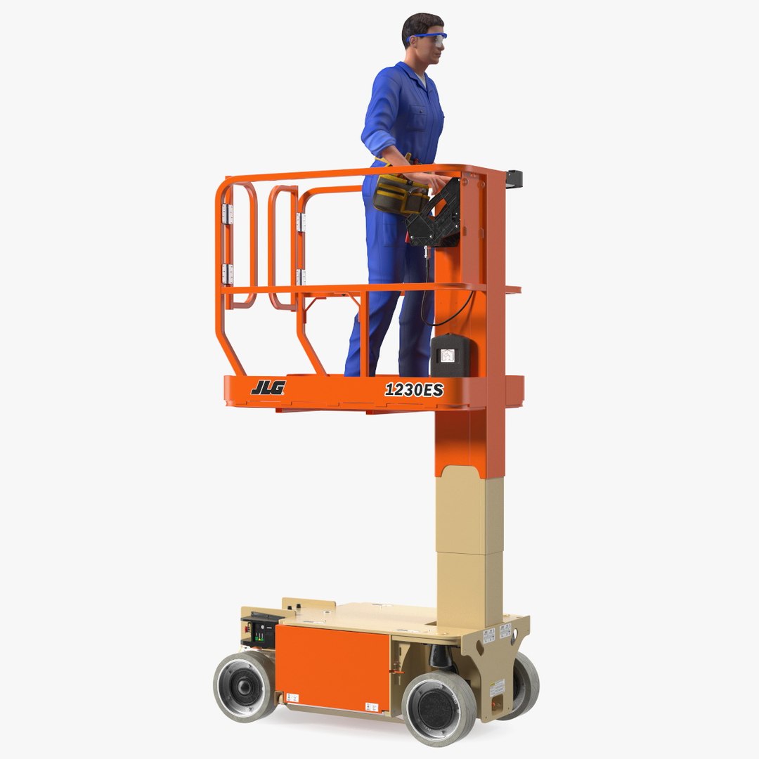Electrician Worker with JLG 1230ES Vertical Mast Lift Rigged 3D model preview