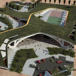 Organic architecture park contemporary landscape with 3d grass