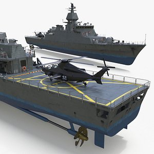Armed Warship Naval with Combat Helicopter Rigged