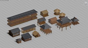 Asian Village Buildings Pack  Modular Wooden Houses Huts  Stilt Houses model