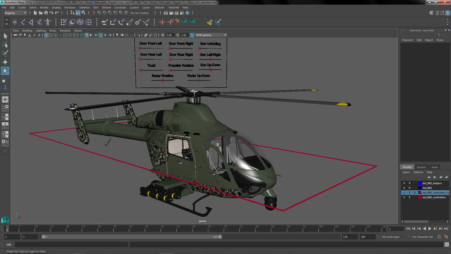MD 969 Twin Attack Helicopter Rigged for Maya 3D model preview