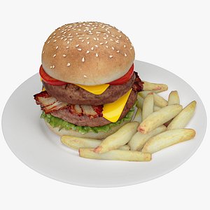 3D Realistic Hamburger Cheeseburger with fries
