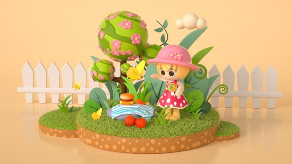 Green cartoon little girl outing outing spring outing forest camping ...