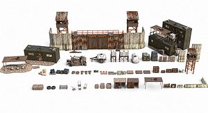 3D Post Apocalyptic Military Base Survival Kit Outpost Modular Kit Mid Poly model
