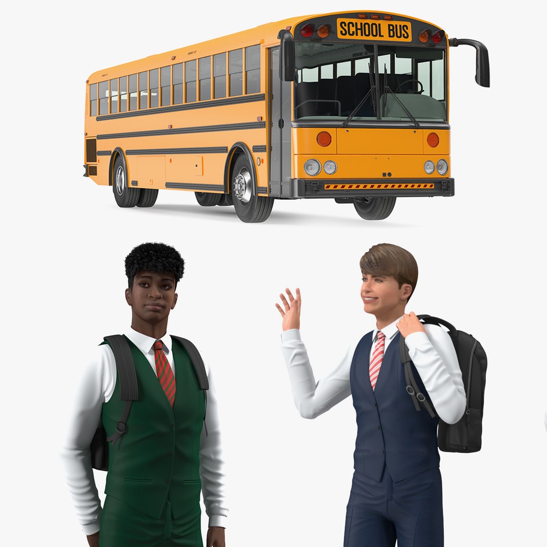 School Bus with Teenage Boys Rigged Collection 3D model preview