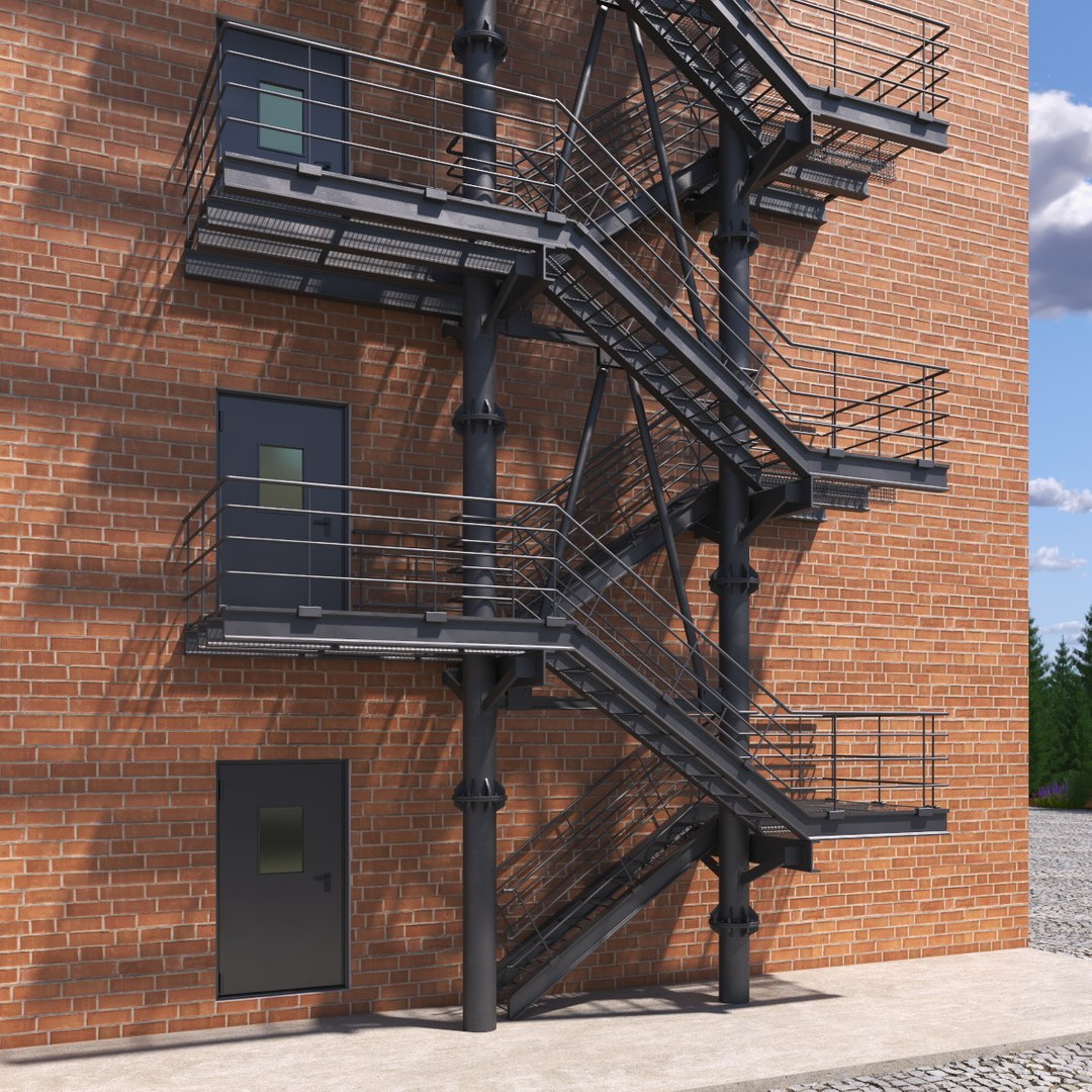Fire Escape Black with Brick Wall of House 3D model preview