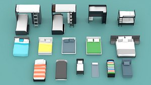 Low Poly Bed Furniture Pack Miniature Bedroom Set Dollhouse 3D Models Blender STL FBX OBJ Game Ready 3D model