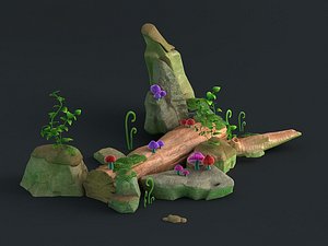 Tree Bridge gravel stone pile stone mushroom grass Moss roots tree head tree trunk plant flowers and trees model
