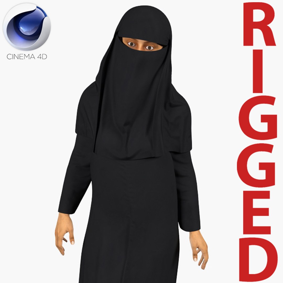 Arabian Woman in Black Abaya Rigged for Cinema 4D 3D model preview