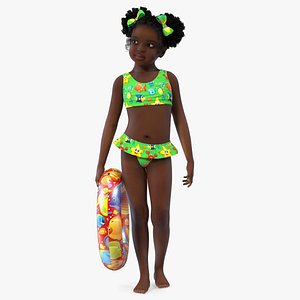 3D Black Girl Child Swimsuit Inflatable Circle Rigged model