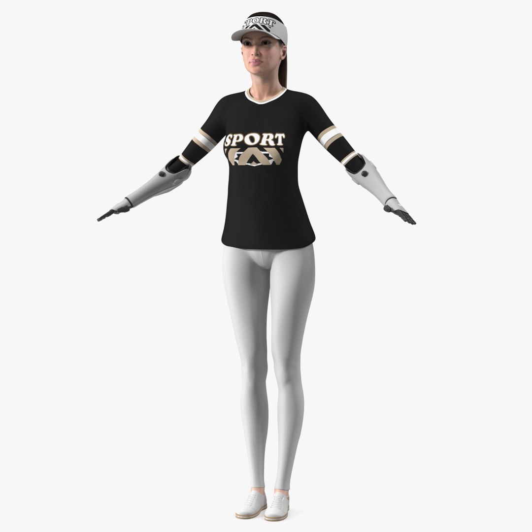 Woman with Bionic Arms T-pose 3D model preview
