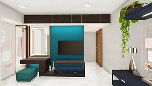 Interior scene of a Bedroom with study area and closet