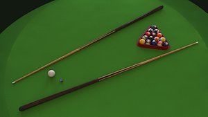 pool balls, cue, triangle and chalk