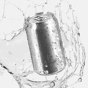 Silver Aluminum Can With Splash - 330ml soda falling in water drops