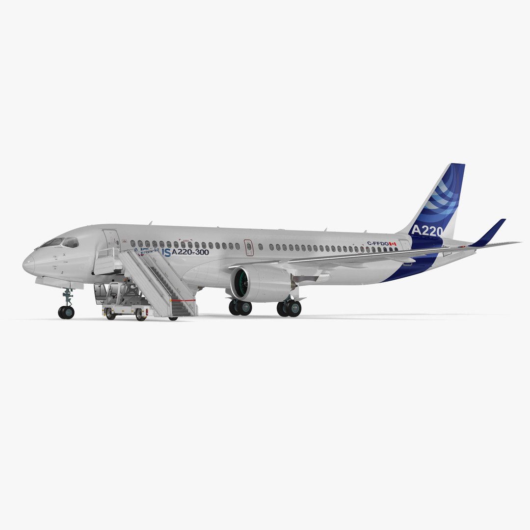 Airbus A220 with Passenger Boarding Stairs Car Rigged 3D model preview