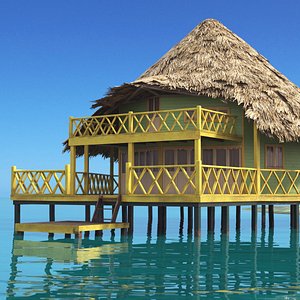 3D model Seaside Hut with Palm Leaf Roof and Elevated Deck Yellow Railings