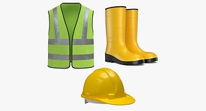 Worker Safety Equipment -  Worker Vest - Rubber Boots - Hard Hat