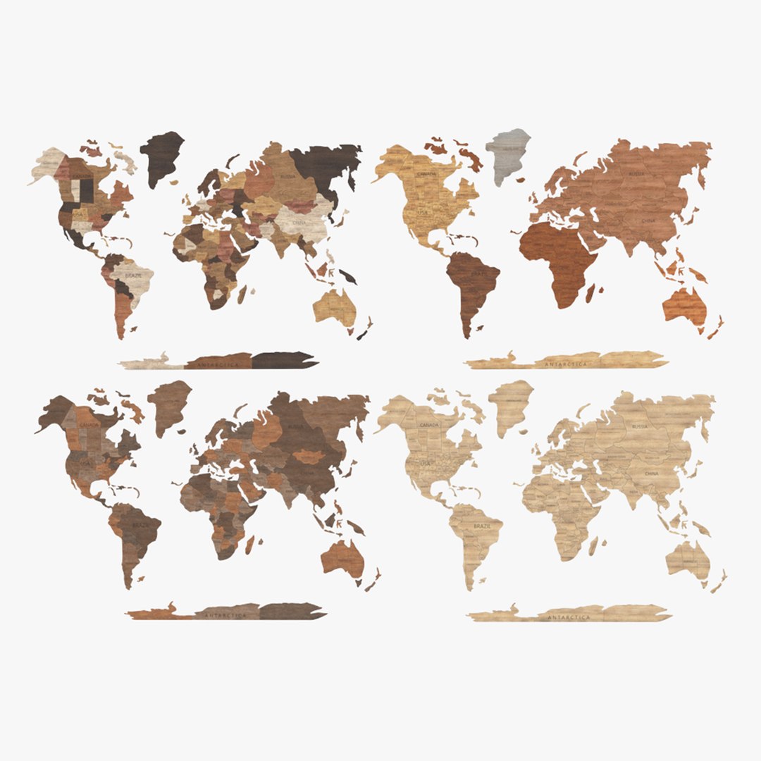 Wood Created World Wall Map Set 3D model preview