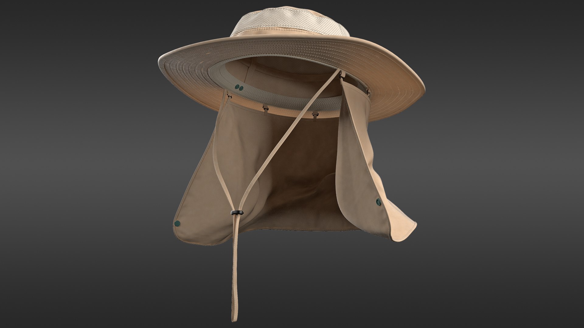 Khaki Outdoor Fishing Hat with Removable Neck Flap 3D model preview