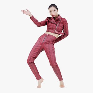 3D Asian Woman Wearing Red Leather Snake Print Outfit 003 Remastered