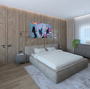 3D Wonderful spacious bedroom with a wooden decor wall