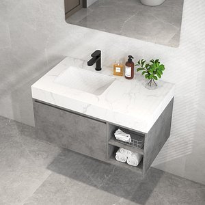Modern Floating Bathroom Vanity Cement Grey Cabinet with Marble Countertop
