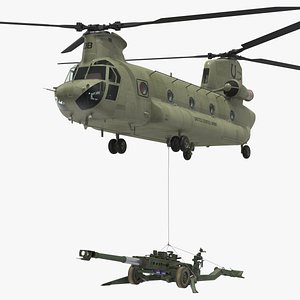 3D model US Army Transport Helicopter With Howitzer M777 155mm Rigged