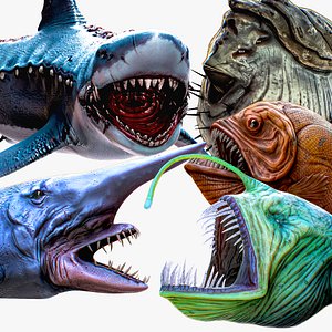 Angler Fish - Shark Megalodon - Goblin Shark - Piranha - Porcupine Diodon- Ocean Monster Fish Pack 2