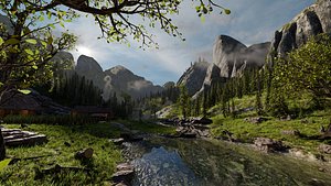 Mountain valley Farmstead Scene