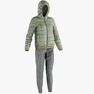 Women's Jeans with Pullover and Down Coat