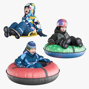 Kids on snow tubings and plastic sledges model