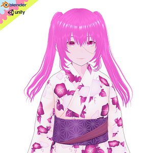 Pink hair kimono Girl 3D model