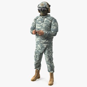 3D FPV Drone Operator in Digital Camouflage with Remote Control in Hands Fur model