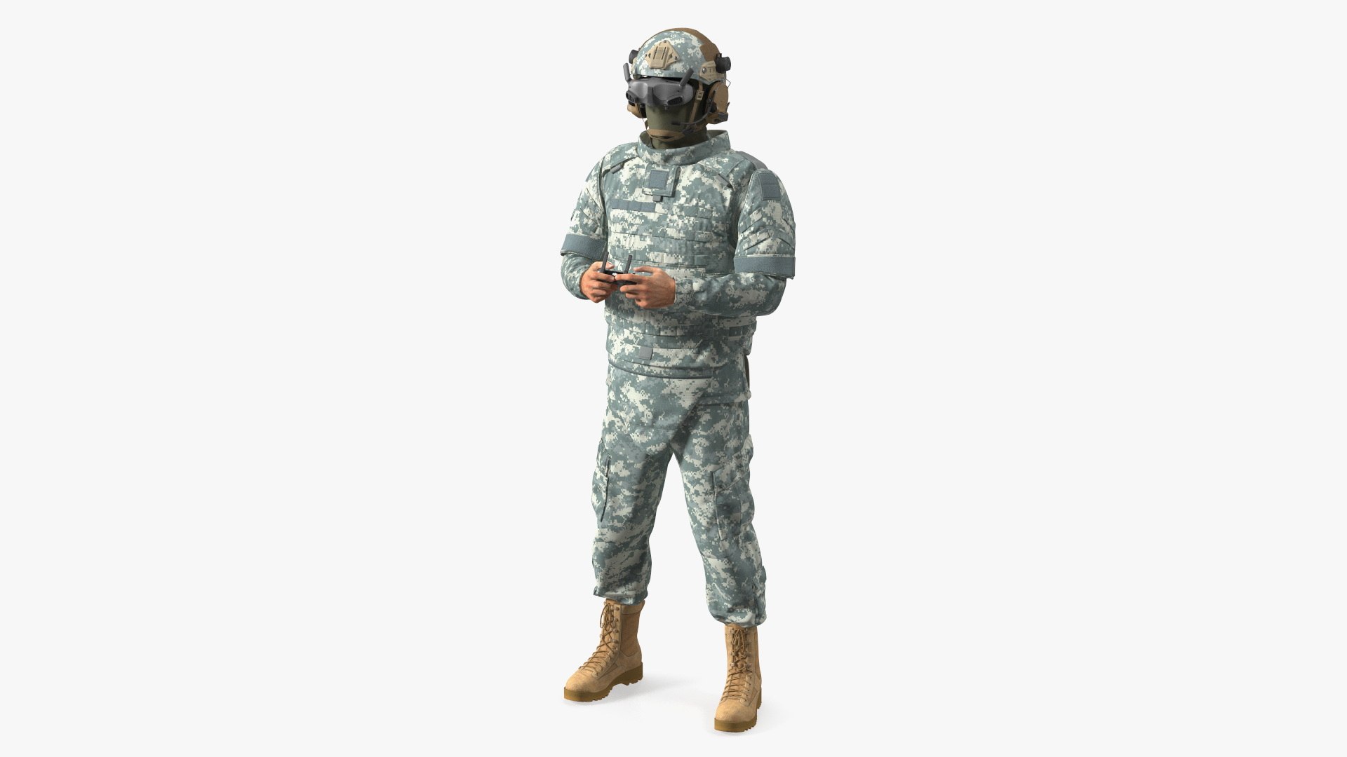 FPV Drone Operator in Digital Camouflage with Remote Control in Hands Fur 3D model preview