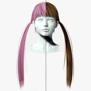 3D Long Up Pigtail - Female Hair Style Low-poly