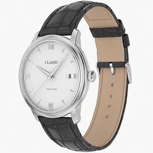 3D model Classic Watch Black Leather Bracelet White Dial