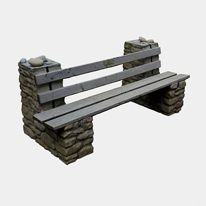3D model Old Bench made of stone bricks and wooden planks