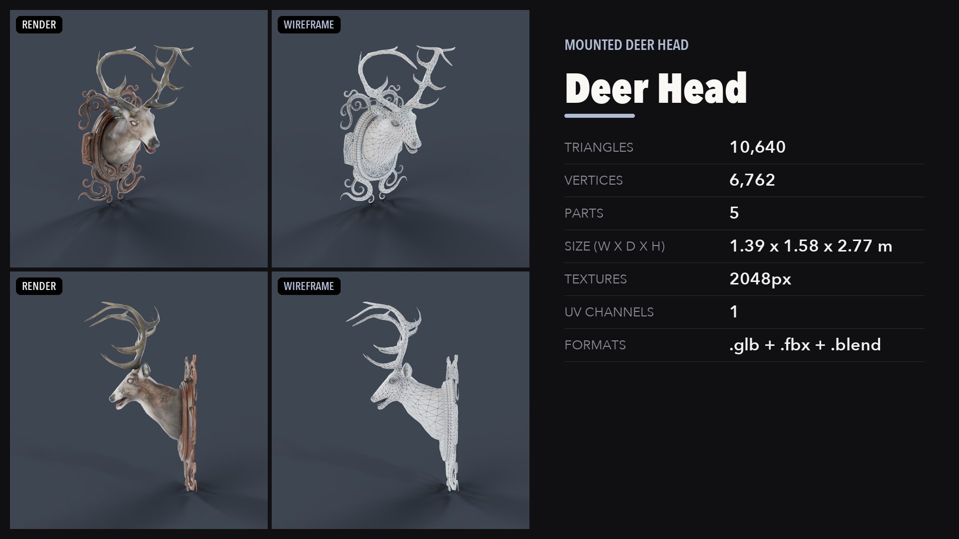 Mounted Deer Head 3D model https://p.turbosquid.com/ts-thumb/Jt/xHYwUz/WJ/07_preview/png/1791503449/1920x1080/fit_q87/add090837db0aedad76162bd7d1846d2195c7f42/07_preview.jpg