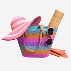 Color striped beach bag with straw hat